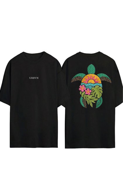 Sunny Turtles Design Printed Black Oversized t Shirt