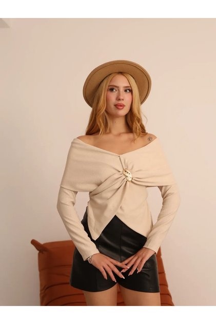 Women's Buckled Madonna Shawl Collar Beige Ottoman Blouse – Asymmetrical Cut, Women's Top with Brooch 387