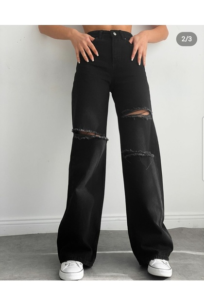 Malt Women's Black 3 Ripped Stretch Fabric Super High Waist Loose Jean Palazzo Pants