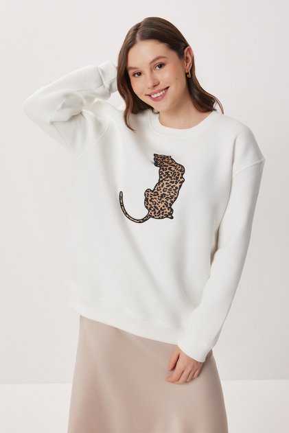 Leopard Printed Oversized Fleece-Lined Knitted Sweatshirt Lmc0078 Ekru