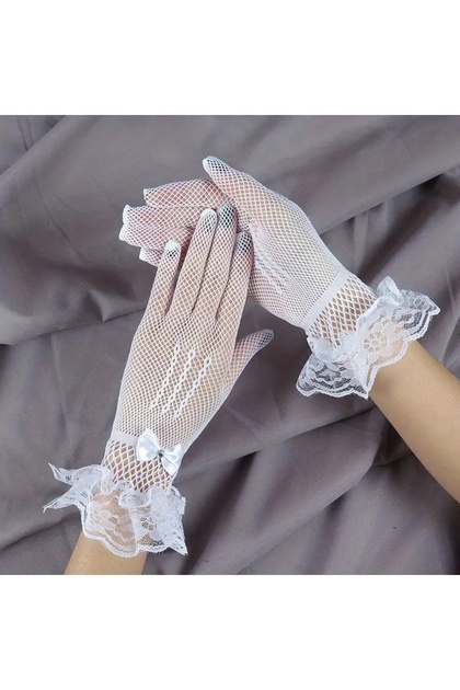 Lace Bow Detailed Mesh Imported Gloves