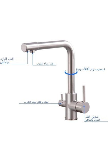 صنبور حوض المطبخ 3 في 1 ثلاثي التدفق مع فلتر مياه، دوران 360 درجة (أسود)