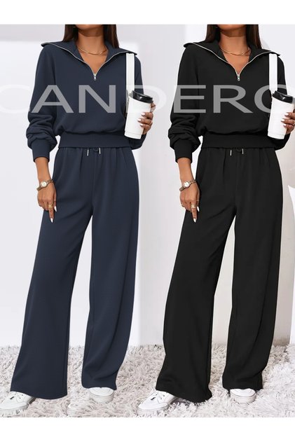 Winter Combination 2-Piece Tracksuit Set (Black-Navy Blue) Baggy Wide-Leg Sweatpants with Cotton Lining Soft Fabric