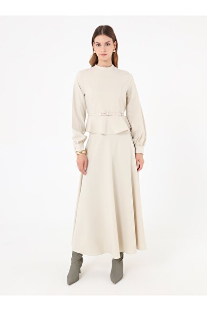 Flared Shirt & Skirt Set with Belt Detail - Gold Color -
