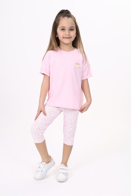 Girl's 2-Piece Set Printed Crew Neck T-Shirt & Elastic Waist Crop Leggings