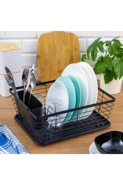 Suport pentru vase din otel si plastic, cu tavita, negru 36,3x30,2x14,5 cm,