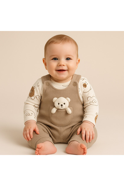 Set bebeluși 3 piese: body cu imprimeu urs, salopetă cu broderie urs și șosete, 100% bumbac