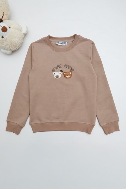 Teddy Bear Embroidered Crew Neck Girls' Sweatshirt