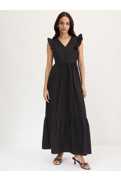 Black Poplin Ruffled Sleeves Maxi Dress
