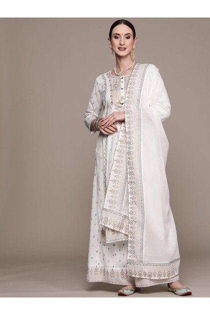 Off White Rayon Kurta with Pants and Dupatta Set