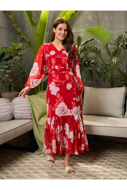 Red Floral Print Balloon Sleeve Midi Dress