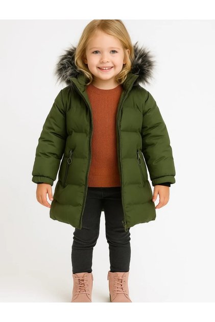 Girl's Detachable Hooded Fur Zipper Closure Zipper Pocket Plush Inside Waterproof Coat