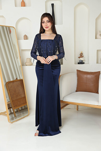 Nice Model Navy Velvet Evening Dress Lace Sleeves Beaded Formal Gown Square Neckline A-Line Maxi Party Wear- Trendyol Nice Model Navy Velvet Evening Dress Lace Sleeves Beaded Formal Gown Square Neckline A-Line Maxi Party Wear- Trendyol
