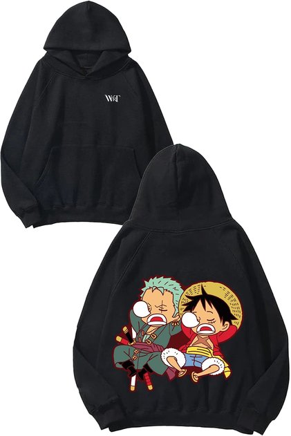 One Piece Zoro Luffy Cute Design Backpack Printed Black Hooded Sweatshirt