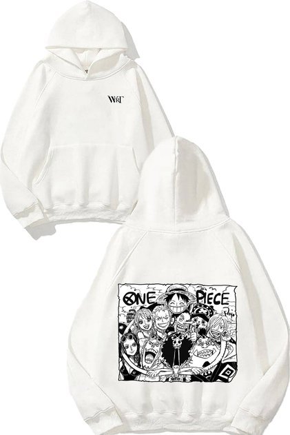 One Piece Black White Design Backpack Printed White Hooded Sweatshirt