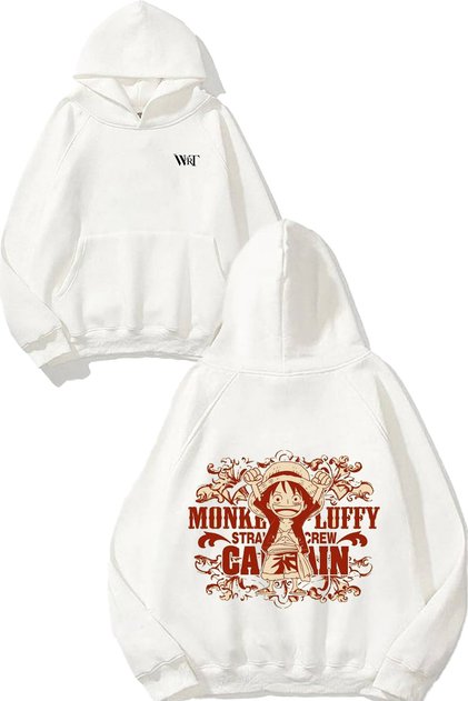 سويت شيرت One Piece Luffy Captain Design Back مطبوع أبيض بغطاء رأس
