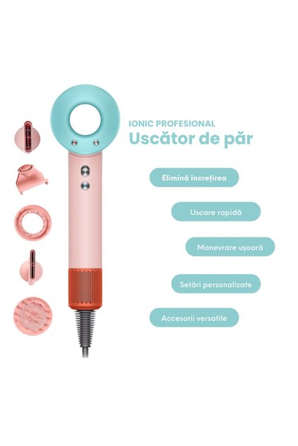 Uscător de păr profesional 1600W, Tehnologie avansată de ionizare, Uscare rapidă și eficientă, Control digital al temperaturii, Design ergonomic, Potrivit pentru păr uscat și fragil, Macaron