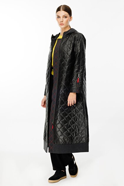 Denim Rouge Kapitone Dolgulu Garni Femuarlı Baharlık Trench Kaban-Siyah