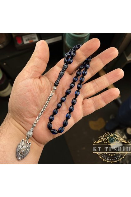 7x11 mm KURT PÜSKÜLLÜ MAVİ SİYAH SÜRMELİ TOZ KEHRİBAR TESBİH