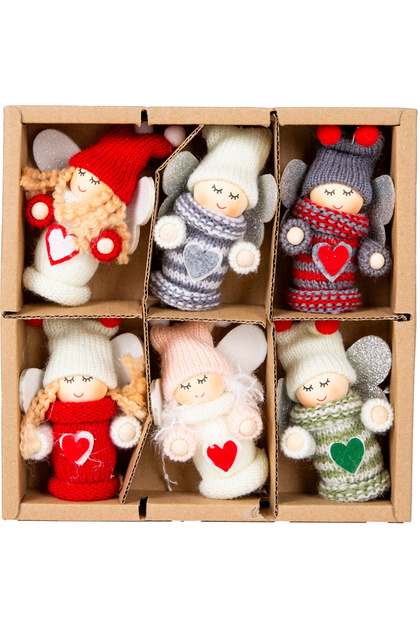 Christmas Ornament, Fairy Figure, Knitted Outfit, Mixed Color - Heart Pattern, Glitter Wings, Boxed, 6'