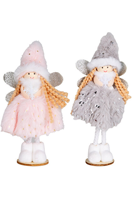 Christmas Ornament, Fairy Figure, Pink-Grey - Standing, Wooden Base, Glitter Wings, Holding a Snowflake