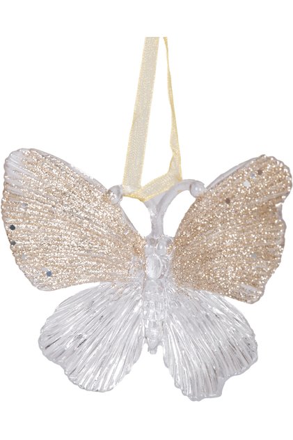 Christmas Ornament, Butterfly, Transparent-Champagne - Hanging, Acrylic Glass, Glitter Wings, 11X10 cm