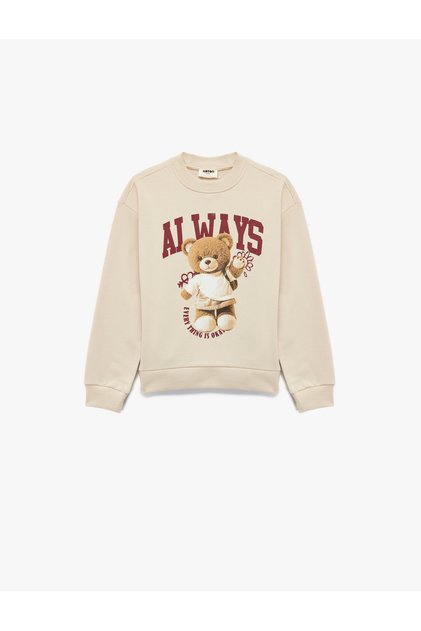 Teddy Bear Printed Cotton Long Sleeve Crew Neck Sweatshirt