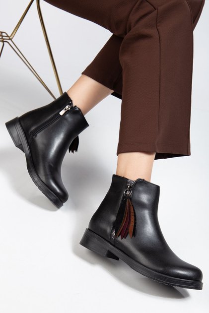 165-205 Black Leather Leaf Patterned Zippered Casual Women's Boots