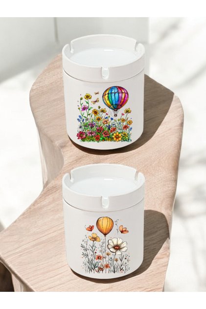 Balloon Flower Printed 2-Piece Ashtray - Special Design Ashtray, Tall Ashtray, Designer Ashtray
