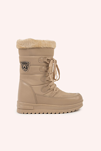 Girl's Beige Boots with Lace Detail and Furry Inside