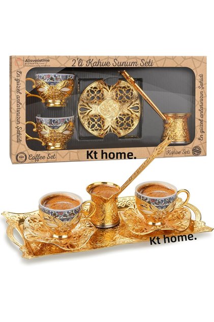 Coffee Cup Turkish Coffee Presentation Set Metal Cup Set with Copper Tray and Coffee Pot 2-Piece Topkapı