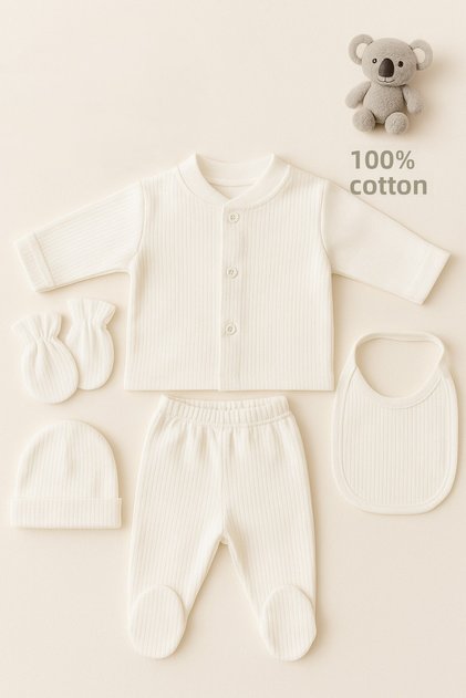 Newborn 100% Cotton Ribbed 5-Piece Hospital Discharge Set – Suitable for Baby Girls and Boys