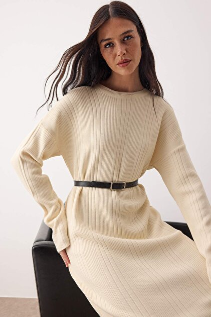Ecru Belted Knitwear Ribana/ Ribbed Knit Dress Tctaw26Eb00056