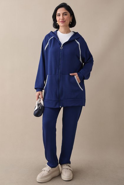 Zippered Shepherd Stitching Navy Blue Double Set