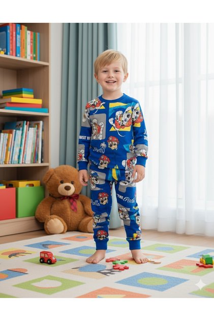 طقم بيجامات رياضية للأولاد مكون من خيطين من نسيج القطن بالكامل من Paw Patrol باللون الأزرق بأكمام طويلة