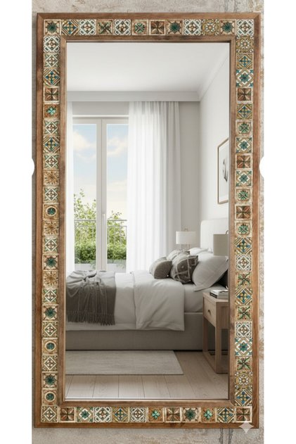 Masif Ahşap Çerçeveli Mozaik Taş Ayna 63x123 Cm Seramik Desenli Kahverengi mirror