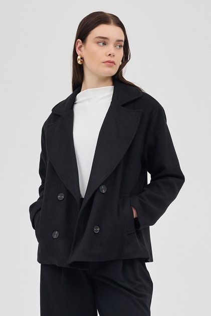 Black Double-Breasted Collar Double Buttoned Cashmere Women's Jacket 8069A