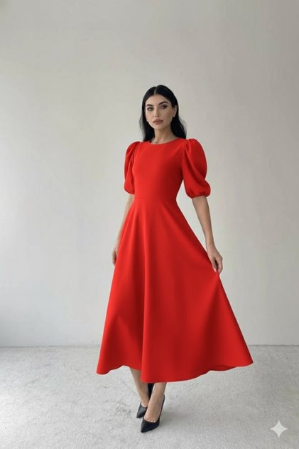 Women's Red Crepe Dress with Puff Sleeves, Hidden Zippered , Elegant Midi Length Dress for Engagement, Wedding, and Party Occasions.