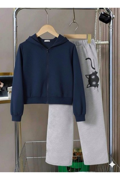 Girl-Boy Navy Blue Hooded Zippered Cardigan -Loose Fit Gray Cat Printed Tracksuit Set