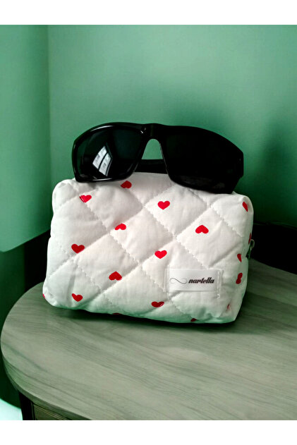 Heart Patterned Makeup Bag - Quilted Bag Organizer