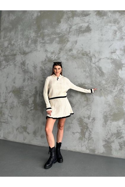 Women's Ecru Polo Neck Stripe Detailed Skirt Sweater Two-Piece Set