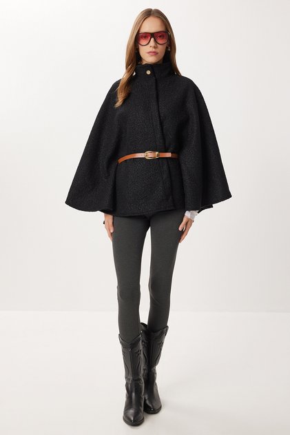 Belted Buttoned Boucle Poncho Lmw0030 Black