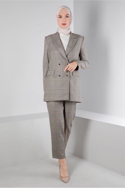 Belted Plaid Pattern Pants Suit 30306