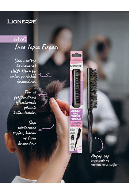 Lionesse İnce Topuz Fırçası 6160-Saça Şekil Veren Fırça,Ahşap Sap