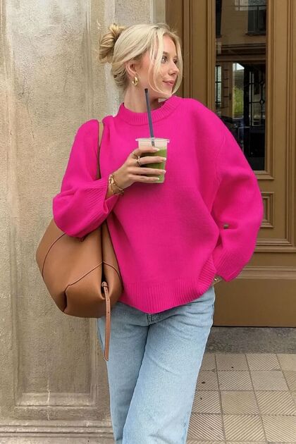 Premium Fuksja Oversize Dzianinowy Sweter