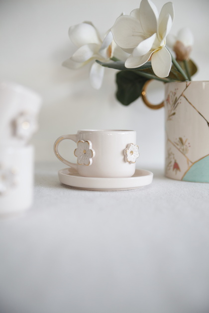 Handmade Gold Flower Ceramic Tea & Coffee Cup with Saucer 24K Gold Decor Painted 150 ml