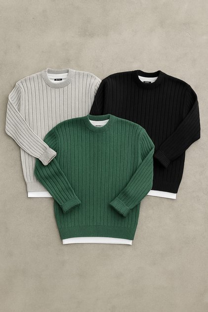 3-pack Men's Knit Sweater Black, Gray, Emerald Green