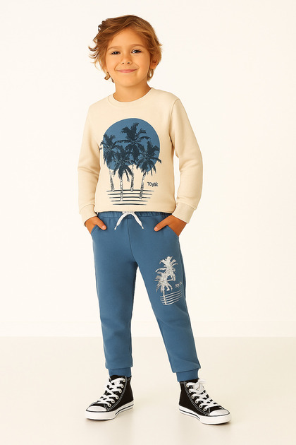 Tropical Baskılı Uzun Kollu Lastikli Bel Cepli Unisex Çocuk Alt Üst Takım