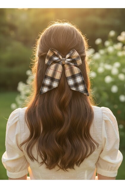 Handmade Scottish Gold Plaid Automatic Bow Hair Clip, Adult Teen Girl Child Coffee Brown Women's Hair Clip