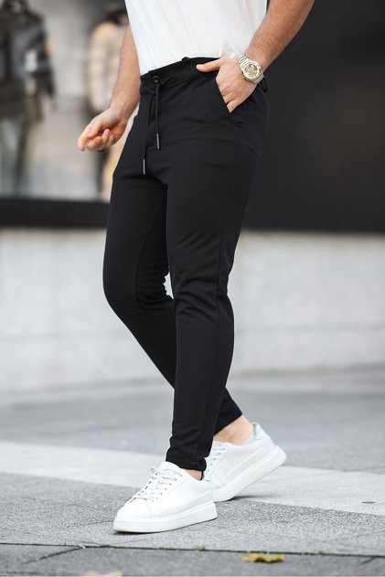 Men's Woven Elastic Waist Basic Tight Black Trousers